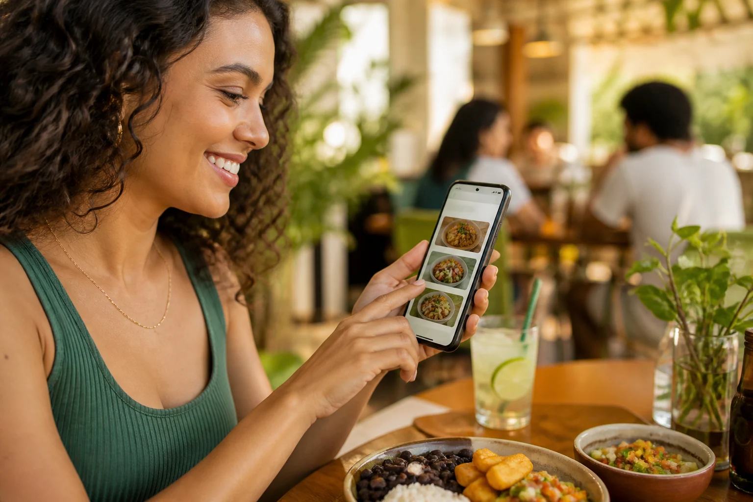 Cliente escolhendo uma refeição pelo cardápio digital no celular